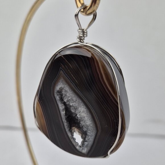 Natural Agate Geode & Quartz Polished Wire Wrapped Pendant - Picture 1 of 16